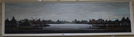 1960s Continental School, oil on board, Estuary scene, indistinctly signed, 30 x 120cm